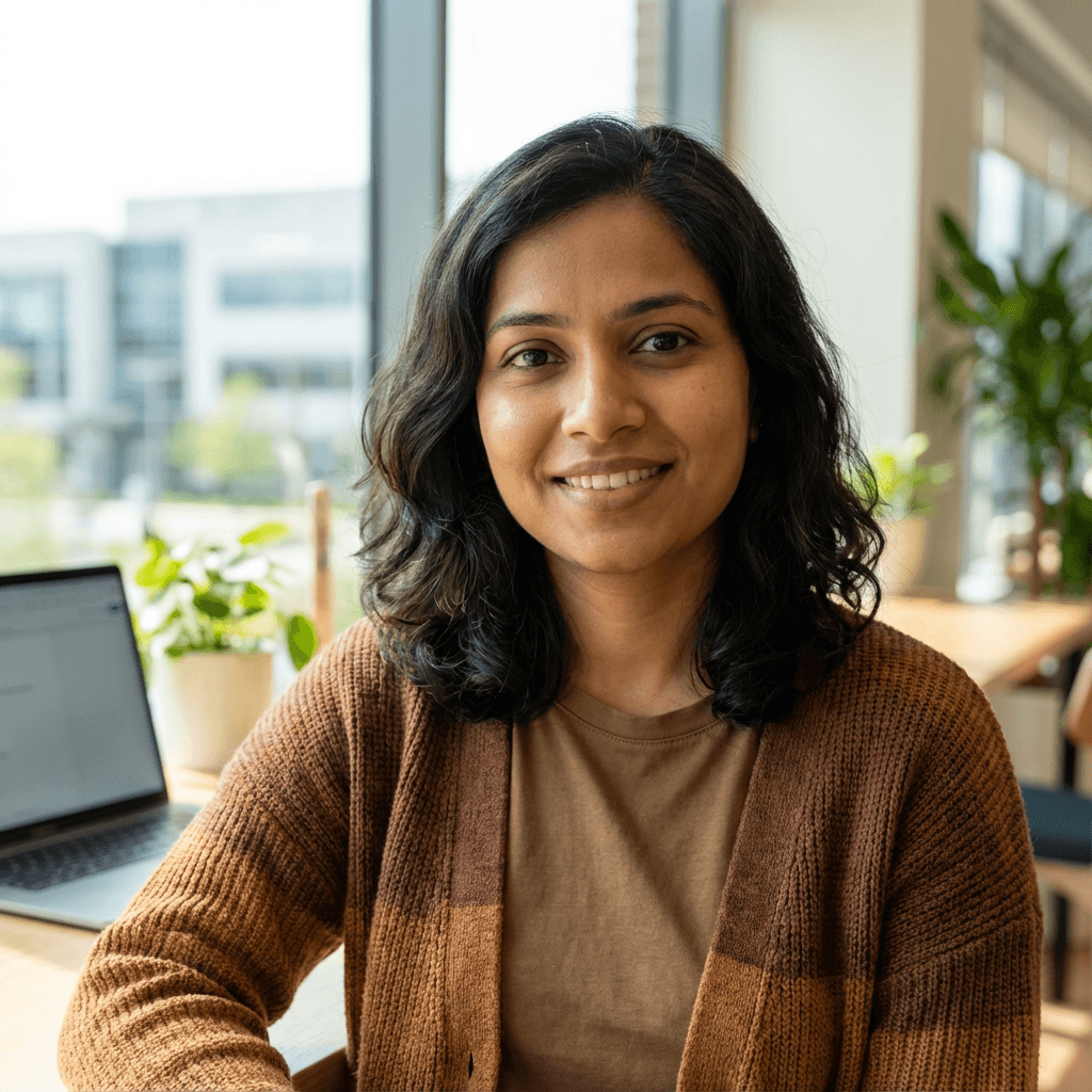 Female HR lead in her mid 30s, South Asian, professional and approachable demeanor suitable for human resources