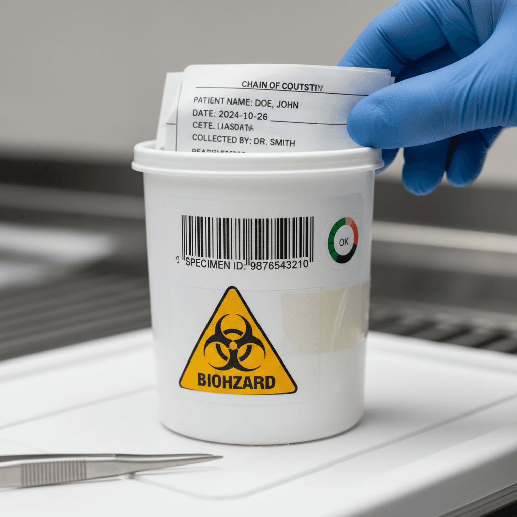 Sealed specimen vial being prepared by a collector