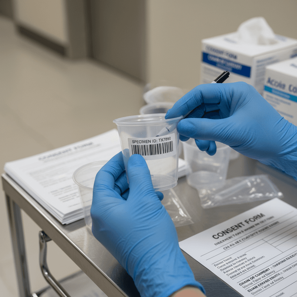 Collector preparing a specimen collection kit with chain of custody forms